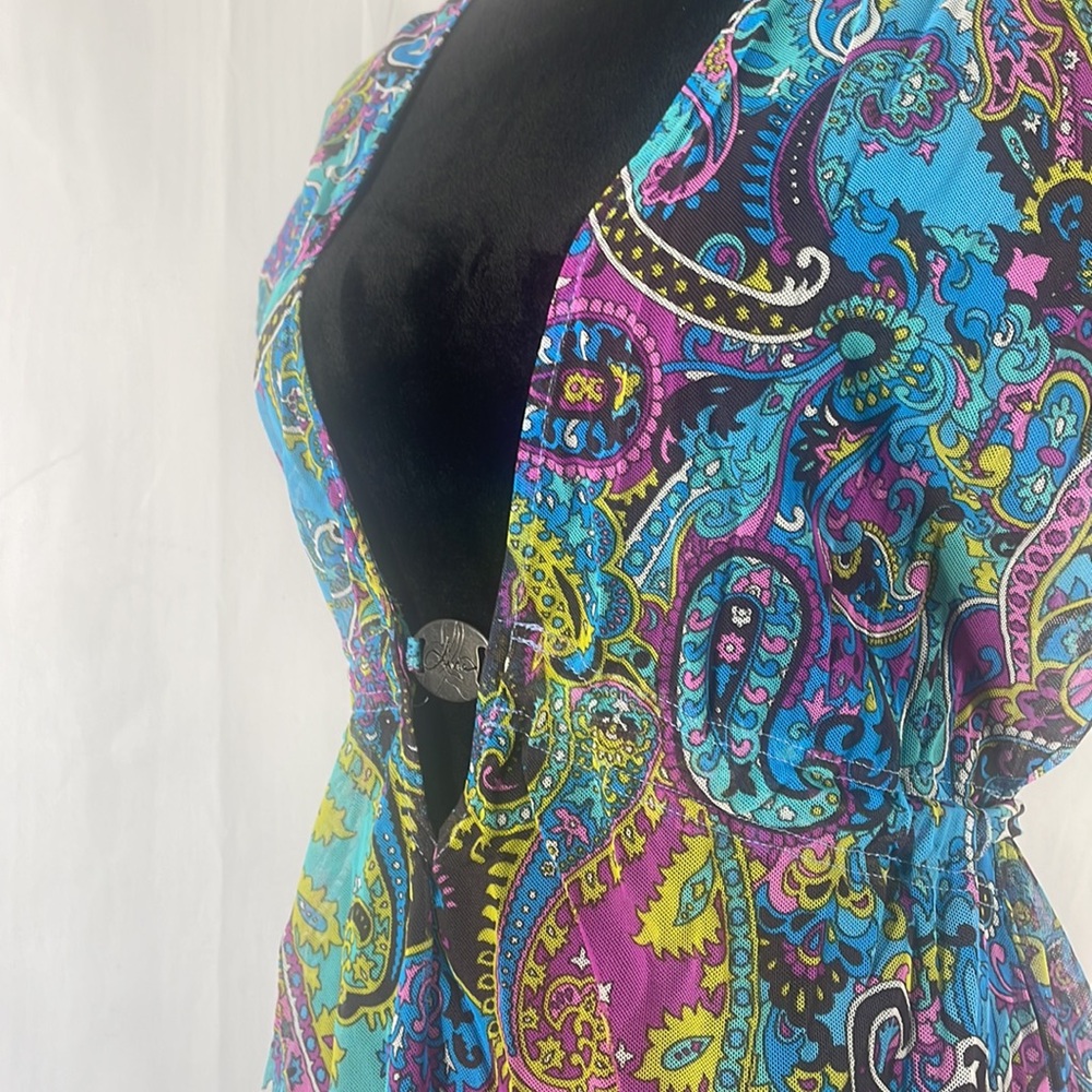 Sheer multi colored blue, hot pink,swim cover up,plunge V neck,tie in back,Small - Picture 4 of 9